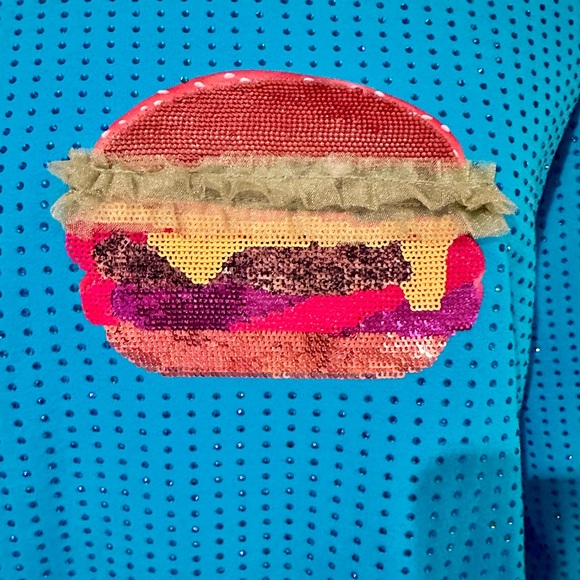 Unique QUEEN OF SPARKLES Teal Sweater with Burger Motif - Picture 2 of 5